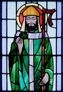 Saint Patrick depicted in a stained glass window at Saint Benin's Church, Ireland